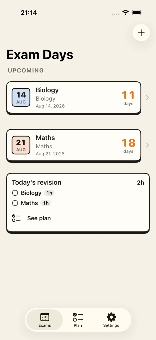 Exam Days exam list with countdowns and today's revision tasks
