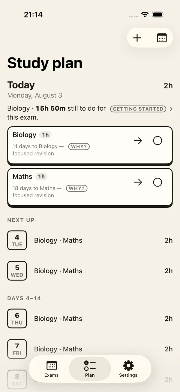 Exam Days study plan showing today's revision and upcoming study sessions